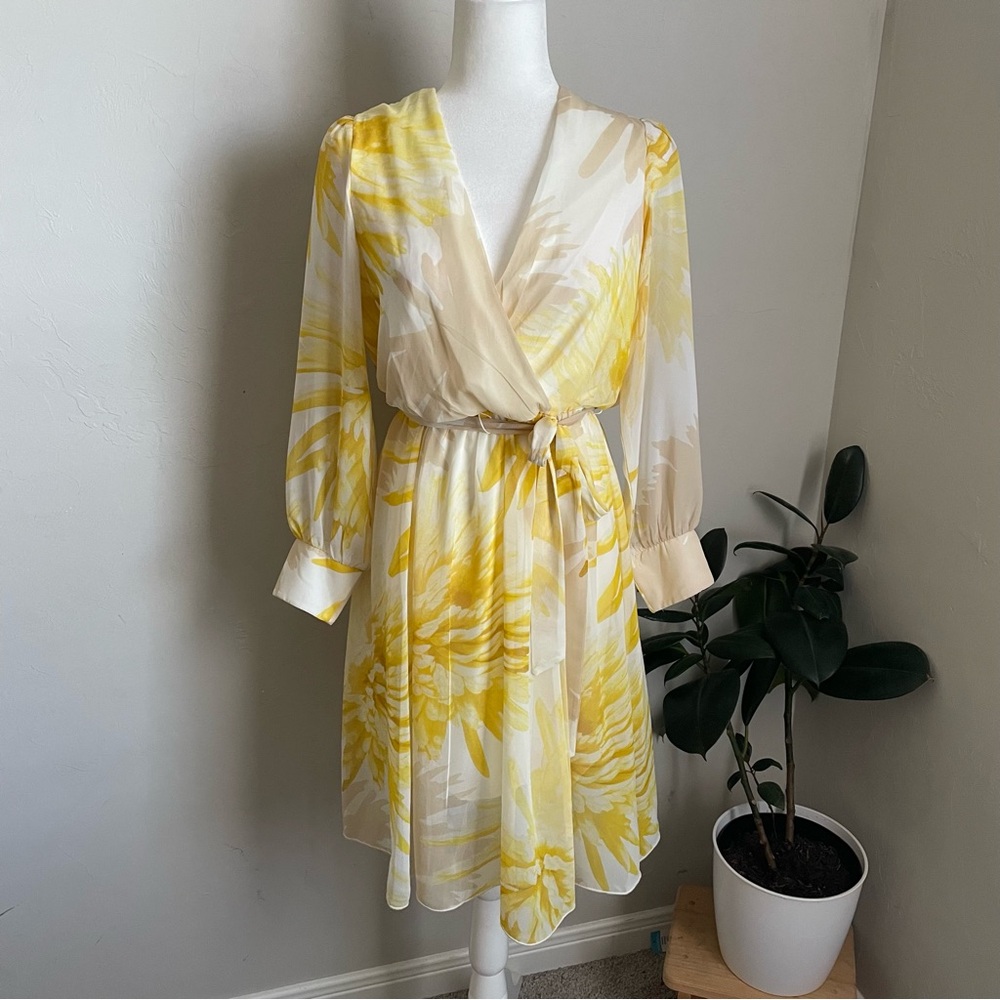 Enfocus Studio Butter Yellow Floral Wrap Midi Dress with Tie Belt